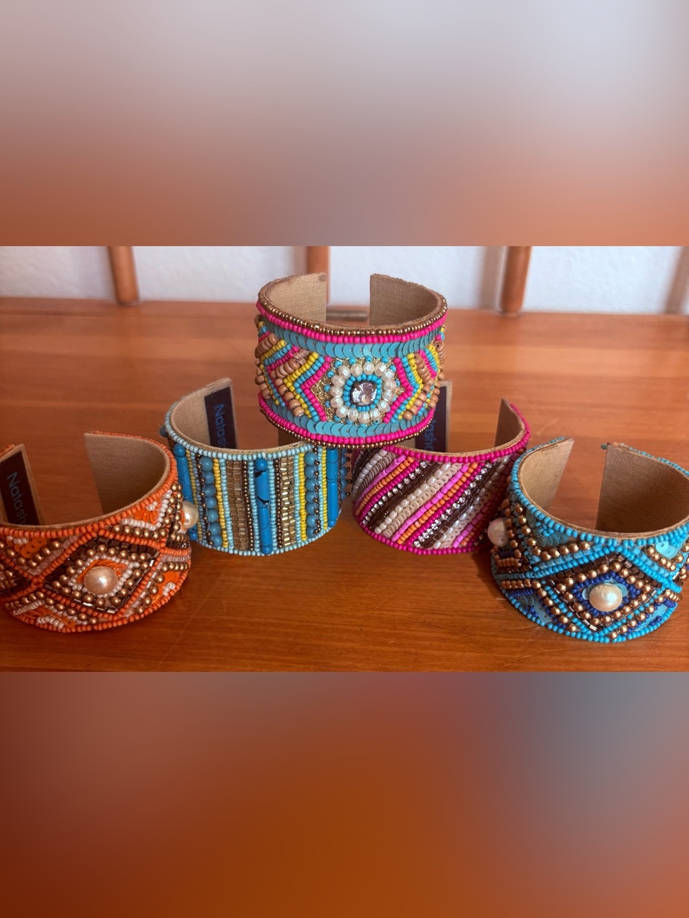 5 Colorful Beaded Cuff Bracelets Adjustable